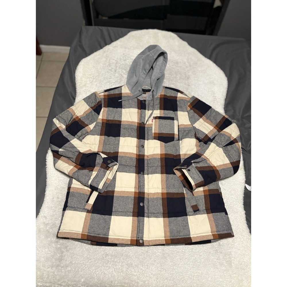 Levi's Men's Snap Zip Mens Flannel Down Hooded Jacket Size XL